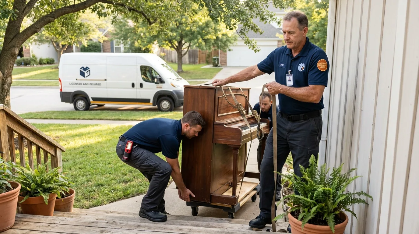 Licensed piano movers securing grand piano in Homer Glen, IL