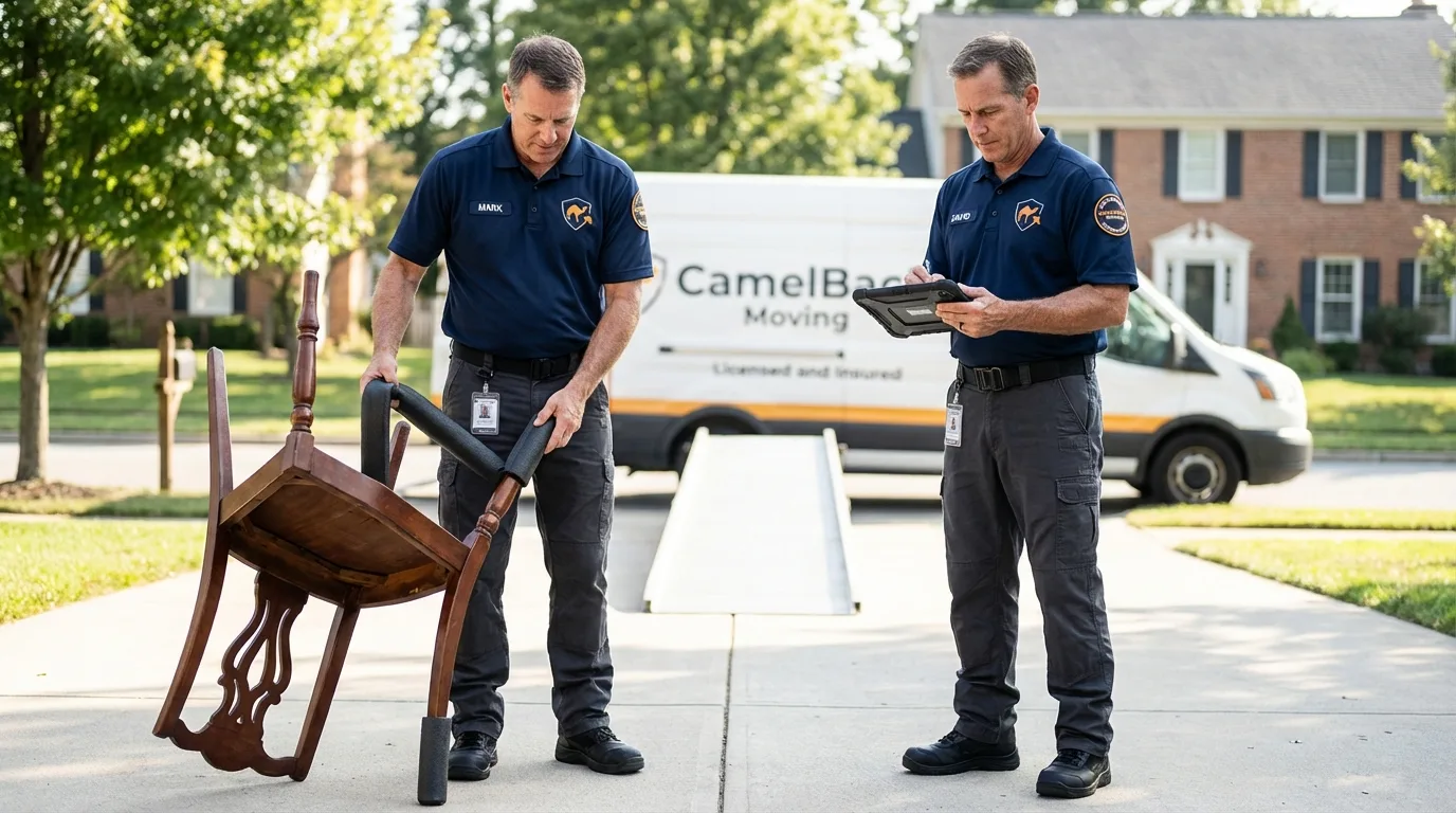 Movers inspecting furniture for damage prevention before loading in Homer Glen, IL
