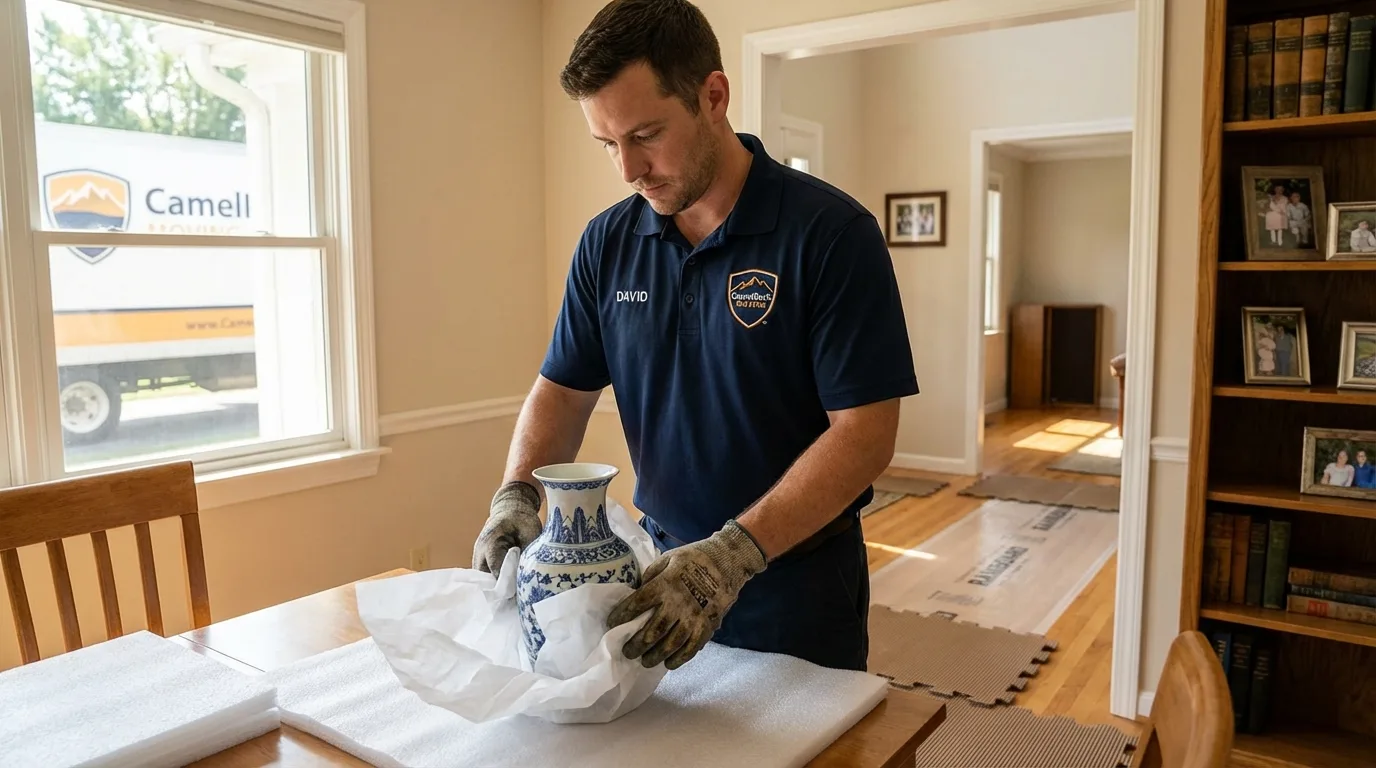 Professional crew carefully wrapping antique vase for senior downsizing move in Homer Glen, IL